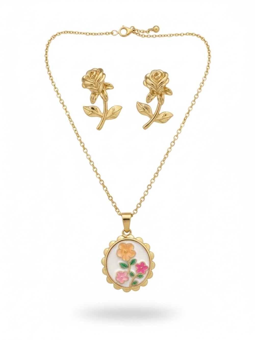 Gold Tone Stainless Steel Floral Pendant Necklace and Rose Stud Earrings Set